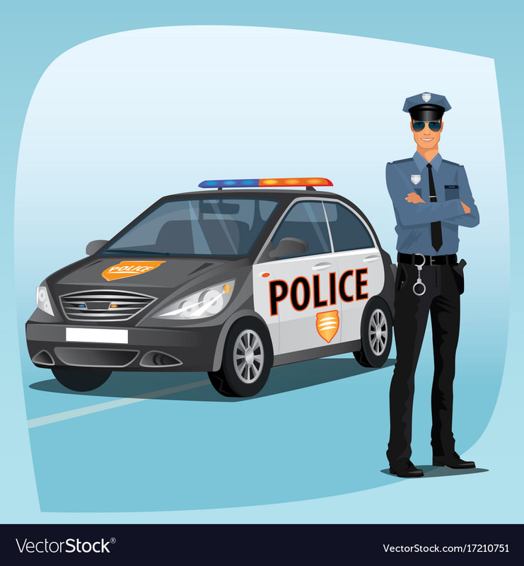 Law Enforcement Liability Insurance - Animated policeman standing in front of a police car 